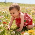 thumbnail image 6 of FASHOFT Baby Girl Outfits Set Ruffle Sleeve Strawberry Graphic Bow Plaid Tops and Shrots Cute Casual Outift Red 12-18 Months, 6 of 9