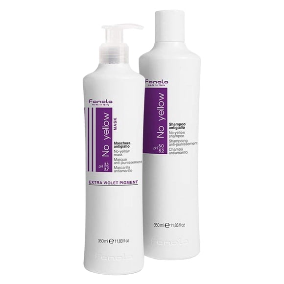 Fanola No Yellow Shampoo & Mask 11.8 oz / 2pk - Tóner morado anti-latón para cabello rubio, gris plateado y resaltado - Máscara depositante de color para eliminar el tono cobrizo de los mechones decol