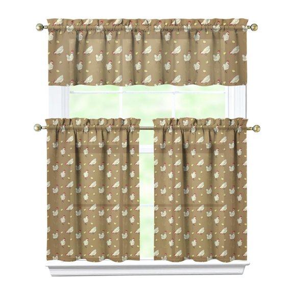Retro Chicken Farm Art Kitchen Curtains Set - Hen & Eggs Theme, Rod Pocket Tier Panels for Country Style Homes