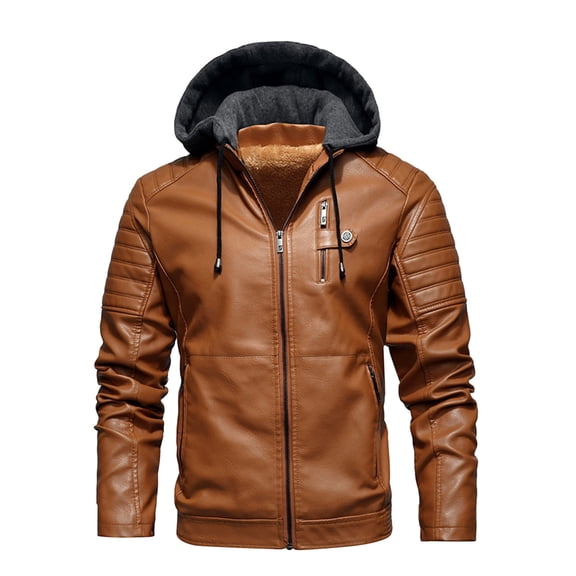Fgnfyis Leather Jacket Men Winter Plus Velvet Leisure Hooded Zipper Short Large Size Fitted Stand Collar Outerwear Winter Coats for Men Yellow XL