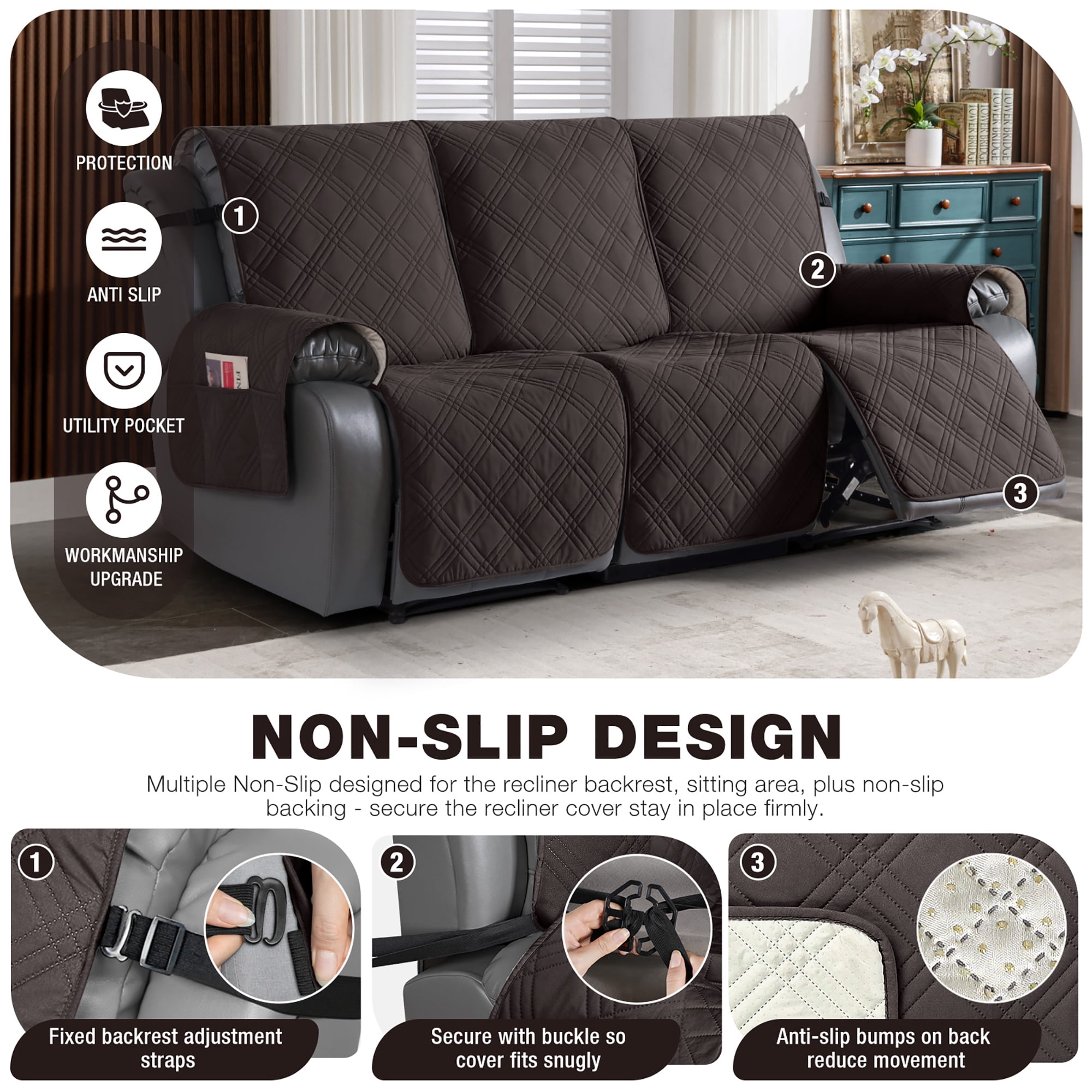 TAOCOCO Non-Slip Waterproof Recliner Sofa Covers, Washable Split Sofa Slipcovers for Reclining 3 Seater Couch, Recliner Sofa Cover with Side with Pockets Home Furniture Protectors,Coffee