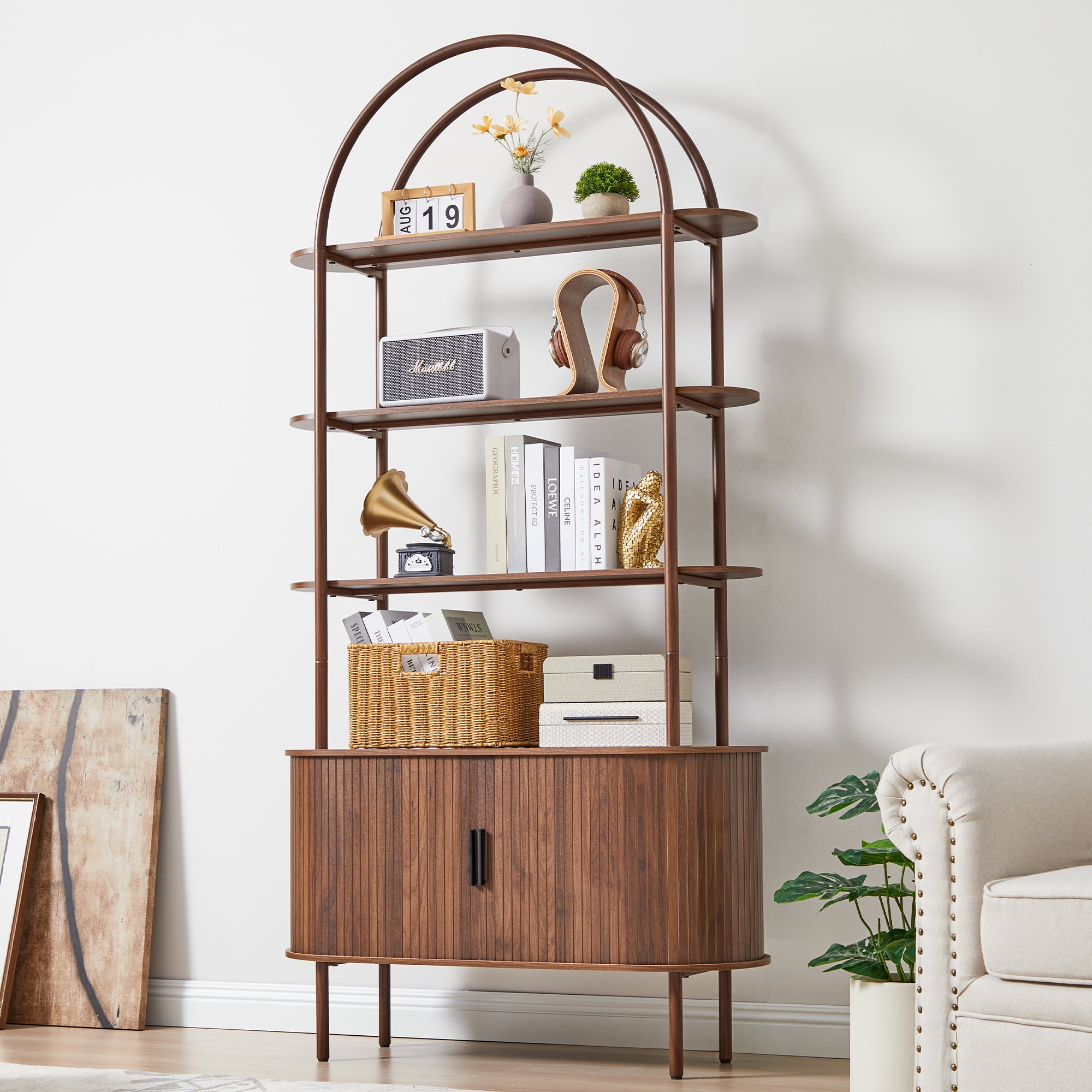 LEFHDA 79" Industrial Modern Arched Bookshelf with 4-Tier Open Shelf & Sliding Tambour Cabinet Storage, Mid-Century Curved Freestanding Bookcase for Living Room, Home Office (Walnut, 79 inch)