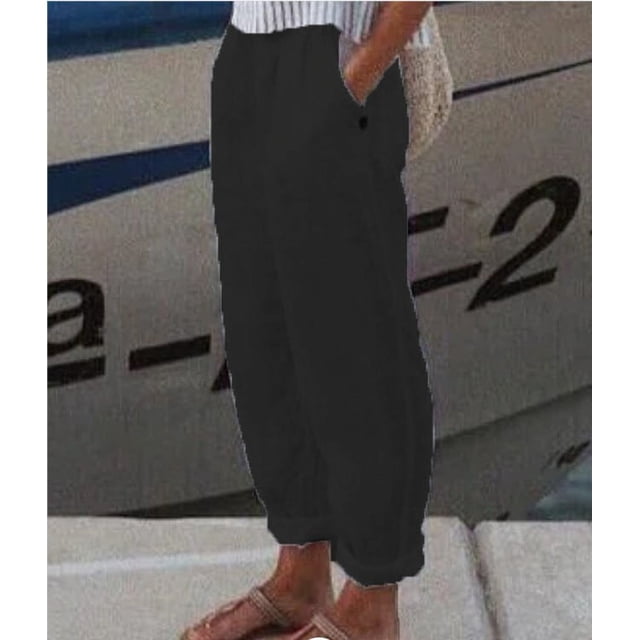 Pantalones casuales elegantes de lino y algodón con bolsillos rectos para uso diario