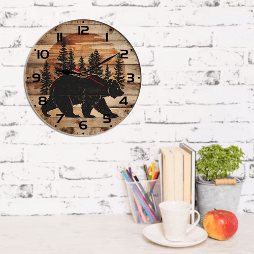 Kurmntregon Cabin Bear Wall Clock Black Bear Wildlife Forest Mountain Lodge Wooden Non Ticking Silent Quartz Bedroom Living Room Office Gym Kitchen Bathroom Patio Decor Decorative Clocks Round 10"