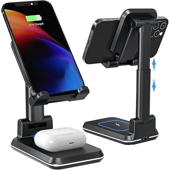 Wireless Charger, 2 in 1 Wireless Charging Station, Adjustable Phone Charger Stand Phone Holder for Desk Compatible with iPhone 16 15 14 13 12 Pro Max Plus, Airpods 4 3 2 Pro, Samsung S23 S22