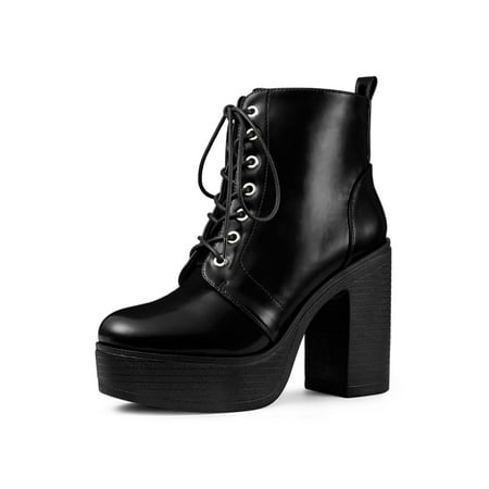 Women's Platform Chunky High Heel Lace Up Combat Boots Black (Size 8.5)