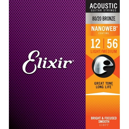 Elixir 11077 80/20 LIGHT/MEDIUM NANOWEB ACOUSTIC GUITAR STRINGS (.012-.056)