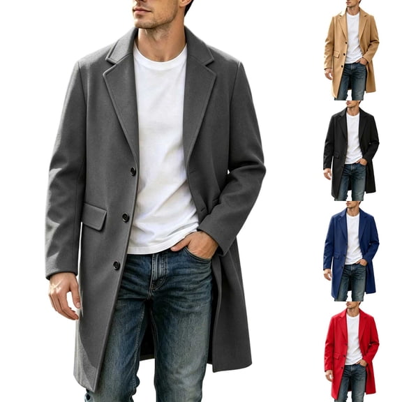 Nmnitkp Men's Solid Color Notched Lapel Single‑Breasted Mid‑Long Wool Blend Overcoat Long Sleeve Pocket Trench Coat for Fall Winter Business Casual Daily Street Outfits Dark Gray,S