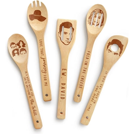 5Pcs Wooden Cooking Spoons, Bamboo Spoons for Cooking Kitchen Utensils Set, Schitts Friends TV Show Decor for Women, Kitchen Decor Accessories Housewarming Gifts