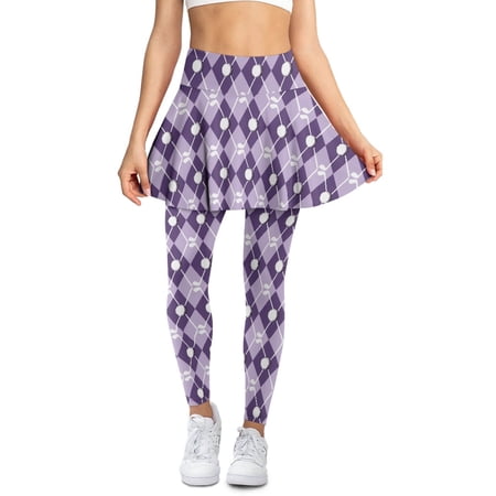 COEQINE High Waist Tennis Skirted Legging for Women with Pockets Elastic Breathable Comfy Yoga Leggings with Skirts Golf Ball Club Purple Diamond Lattice Print Golf Skort Pants XS