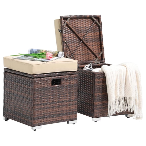 2 Piece Outdoor Patio Ottomans, All-Weather Brown PE Rattan Wicker Ottoman with Storage, Outdoor Footrest Footstool Seat w/Thick Cushion, Built-in Handle for Backyard Poolside Porch (Beige)