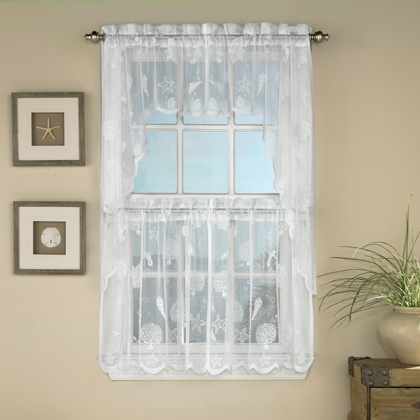 Reef Marine Knitted Lace Kitchen Curtains 24 36 Tier Pair 38 Swag Pair Or 12 Valance Walmart Com Walmart Com