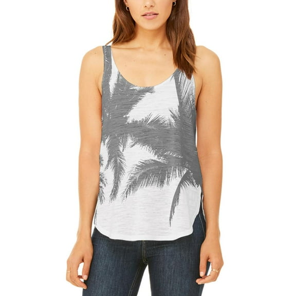 Black And White Palm Tree Silhouette Juniors Flowy Side Slit Tank Top Multi LG