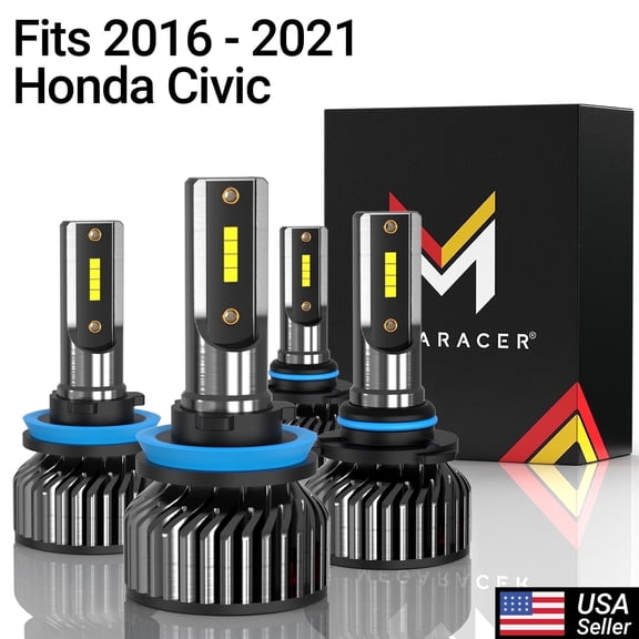 Mega Racer 2016-2021 Honda Civic H11 9005 LED Headlight Bulb 4 PACK - 6000K Bright White 12V 60W 16000LM - High & Low Beam Replacement Car Bulbs