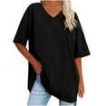 thumbnail image 2 of USSUMA Women's Casual V-Neck Half Sleeve Solid Loose Shirt Blouse Tops Black S, 2 of 9