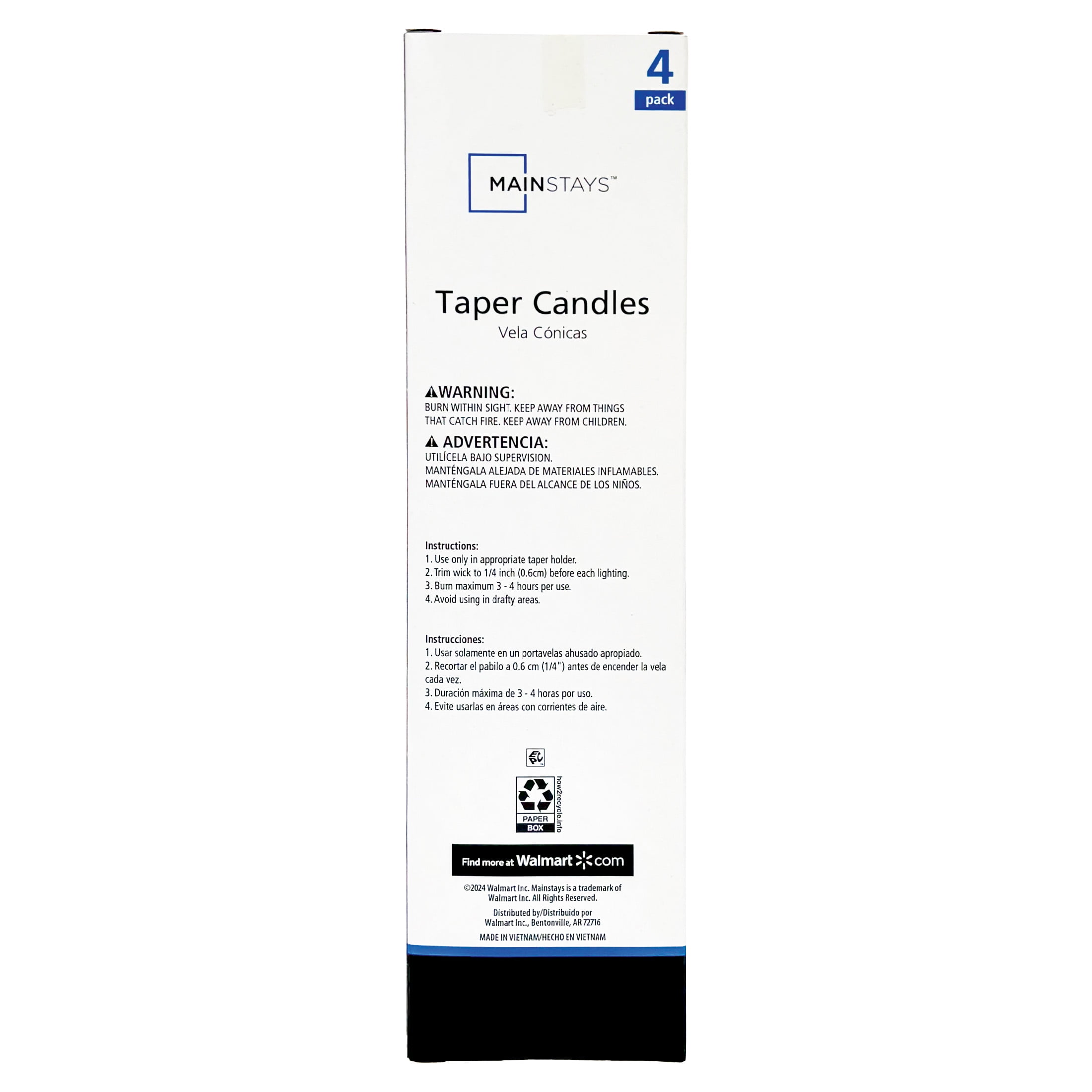 2 pack Mainstays Unscented Taper Candle, White, 4Pack, 10