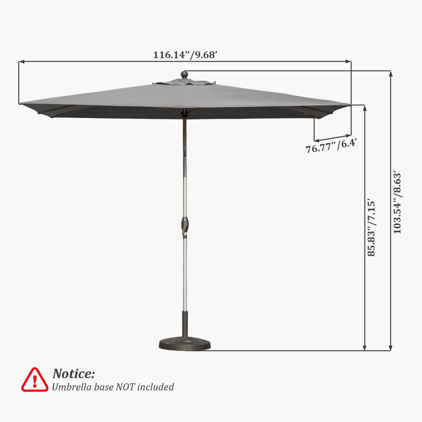 10FT Outdoor Patio Umbrella, Rectangle Market Umbrella with Push Button Tilt and Crank, Table Umbrella 8 Sturdy Ribs UV Protection for Deck, Backyard, Pool, Grey