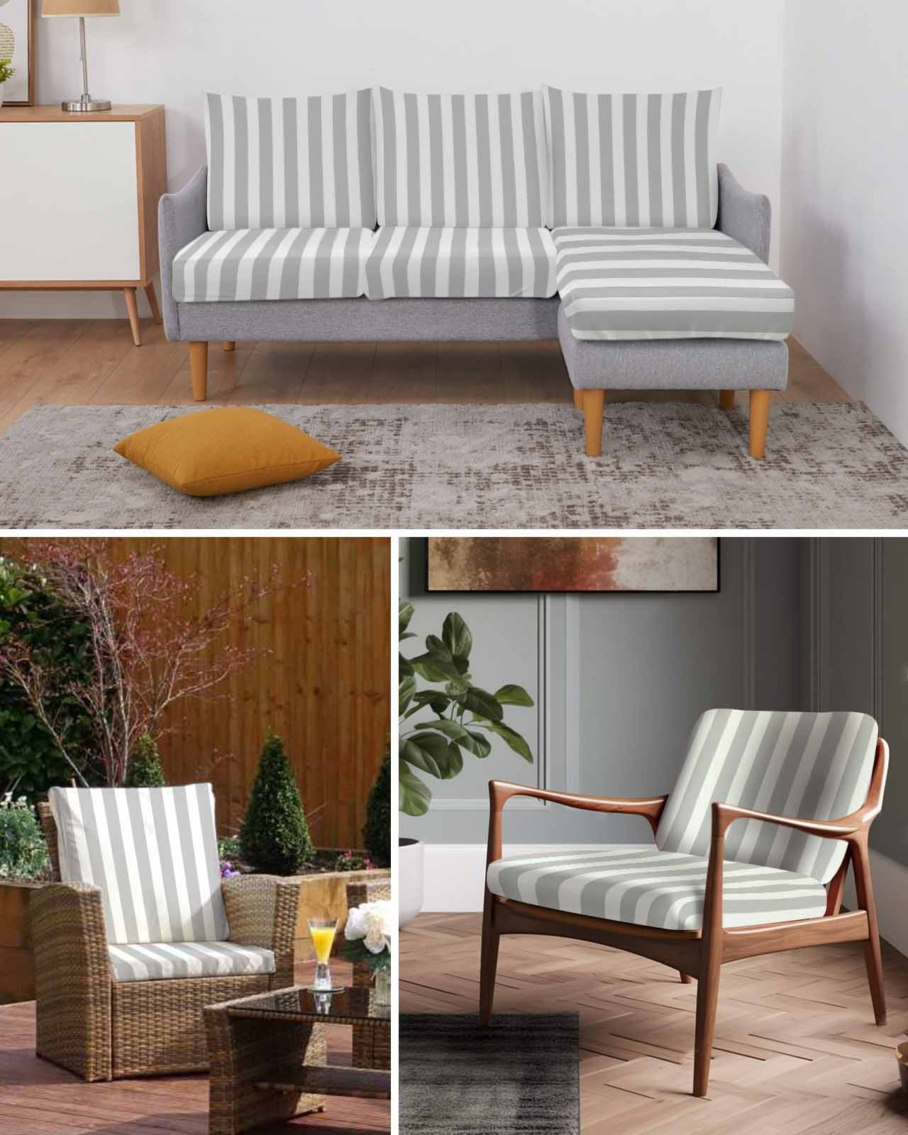 Grey Striped Couch Cushion Covers,Stretch Seat Cushion Covers for Sectional Sofa,Modern Farmhouse Gray White Stripes Loveseat Sofa&nbsp;Slipcovers Furniture Protector with Elastic&Straps 1Pcs,M
