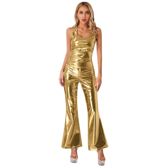 YiZYiF Womens Shiny Holographic Tank Top with Bell Bottom Long Pants 70s Disco Dance Outfits Gold XL