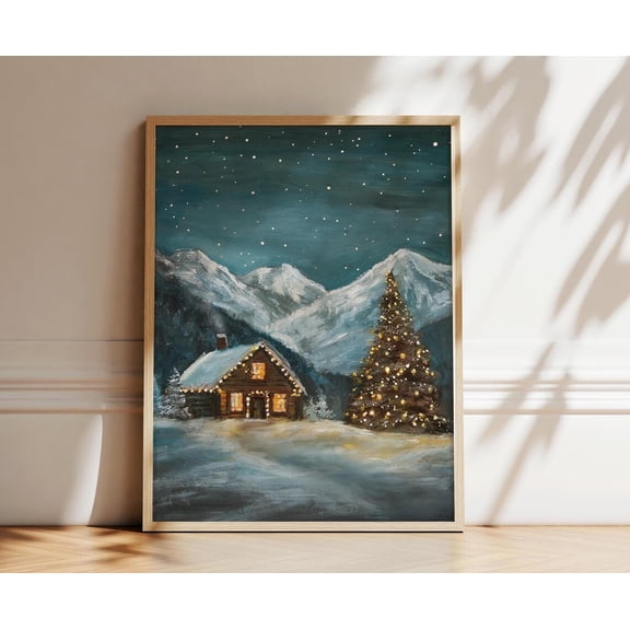 Cozy Tree Mountain Cabin, Winter Landscape Art Home Decor #2771, Unframed Poster Size 8x12