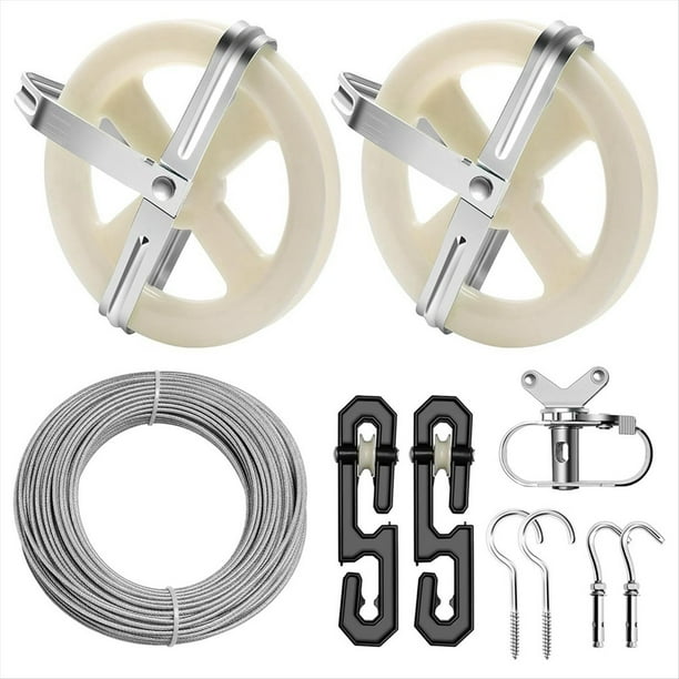 Kit de Tendedero para Exteriores, Cable de Acero, Polea de 5 Pulgadas, Divisor Tipo S, , Tornillo, Gancho y Tornillo de Expansión.