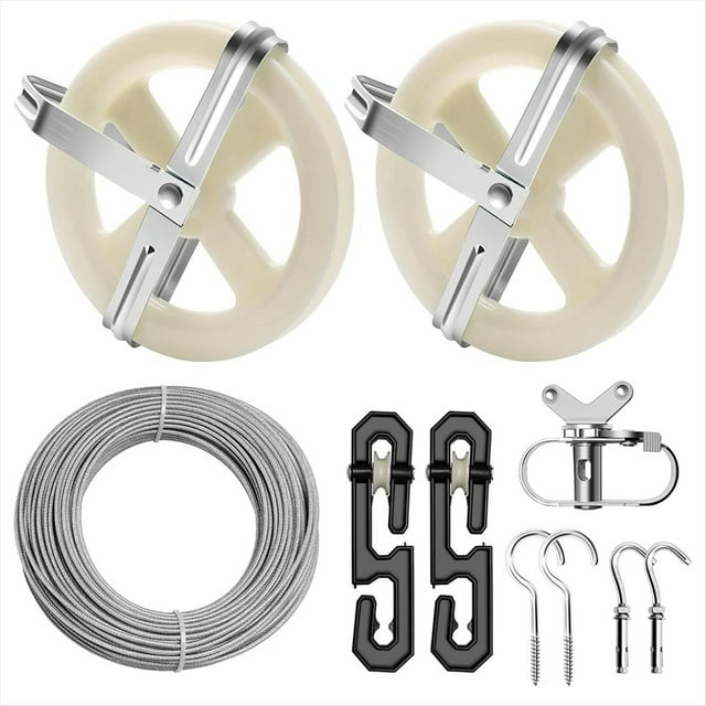 Clothesline Outdoor Kit, Wire Rope, 5-Inch Pulley, S-Type Divider, Tightener, Screw, Hook and Expansion Screw