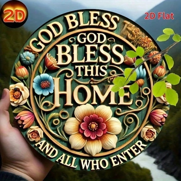HELLOYOUNG May God Bless This Home Metal Wall Decor 2D Printed Iron Nameplate Round Flower Wreath Sign Rustic Farmhouse Bedroom Wall Art
