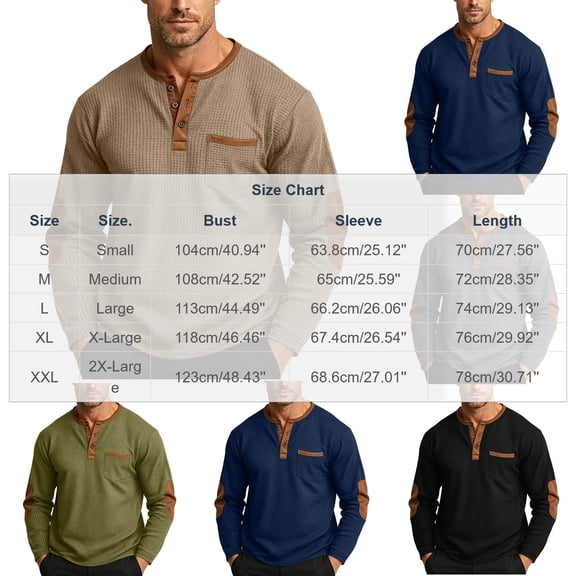Mens Shirts, Long Sleeve Henley Shirts for Men Waffle Knit 3-Button Color Block Tees Lightweight Elbow Patches Fall Tops with Pocket
