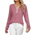 thumbnail image 2 of Camisetas de Larga A Rayas para Mujer, Informales, con Cuello en V, Bloques de Color, Corte Holgado, Básicas. Tiras Rojas M, 2 of 10