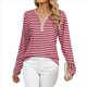 thumbnail image 2 of Camisetas de Larga A Rayas para Mujer, Informales, con Cuello en V, Bloques de Color, Corte Holgado, Básicas. Tiras Rojas XXL, 2 of 10