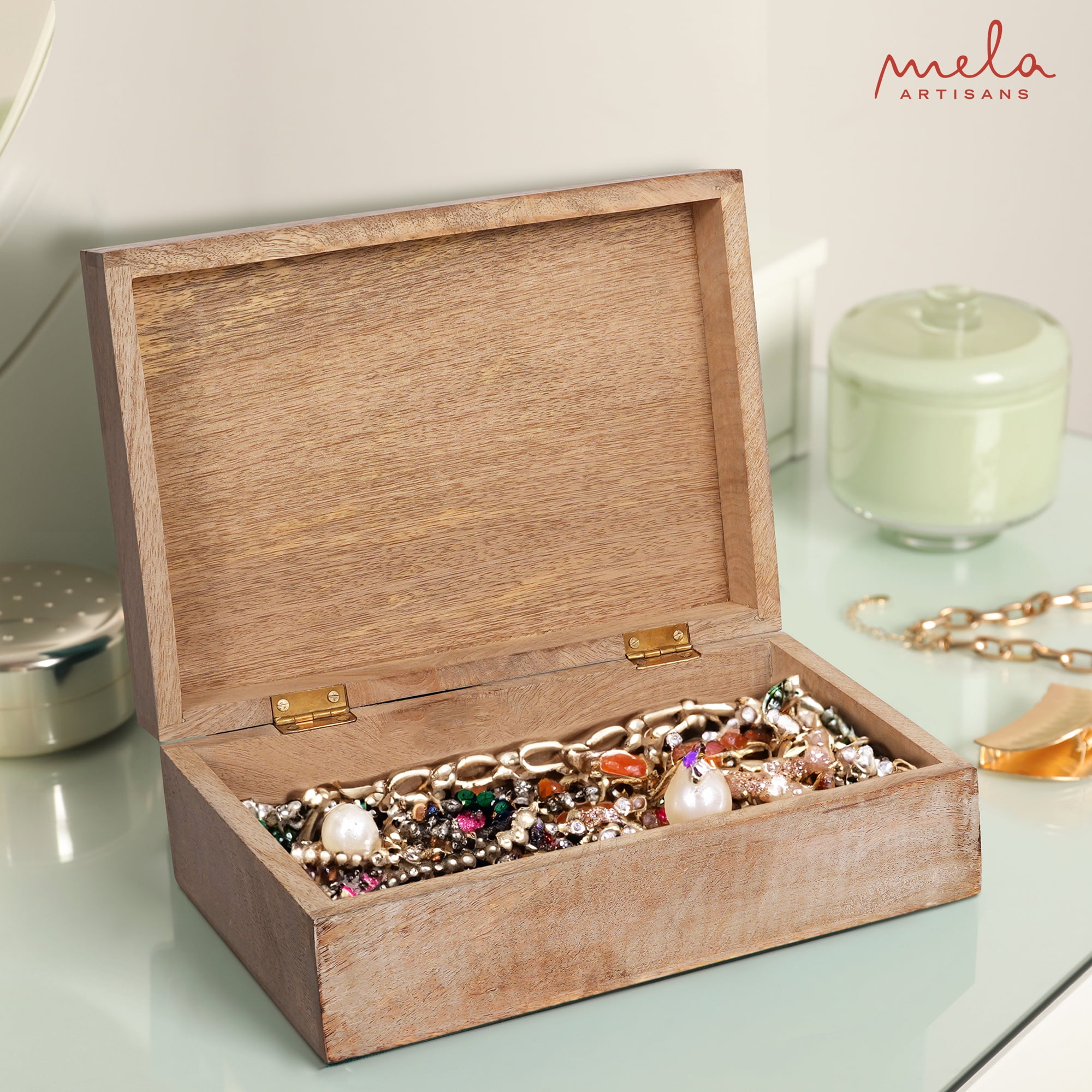 Mela Artisan Large Wooden Box, Handmade Mangowood Keepsake Box, Grey Memory Box, 9" x 6" x 3.5"