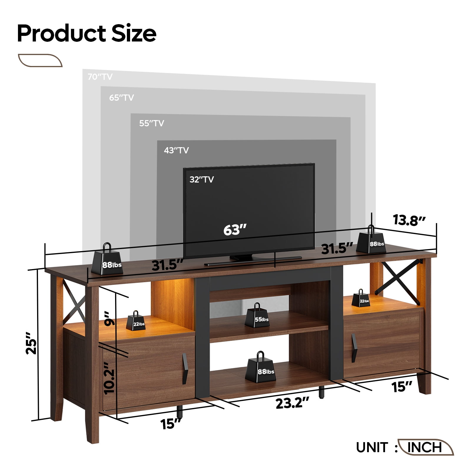 Bestier Farmhouse LED TV Stand for TVs up to 70" Entertainment Center with Cabinet in Ancona Walnut