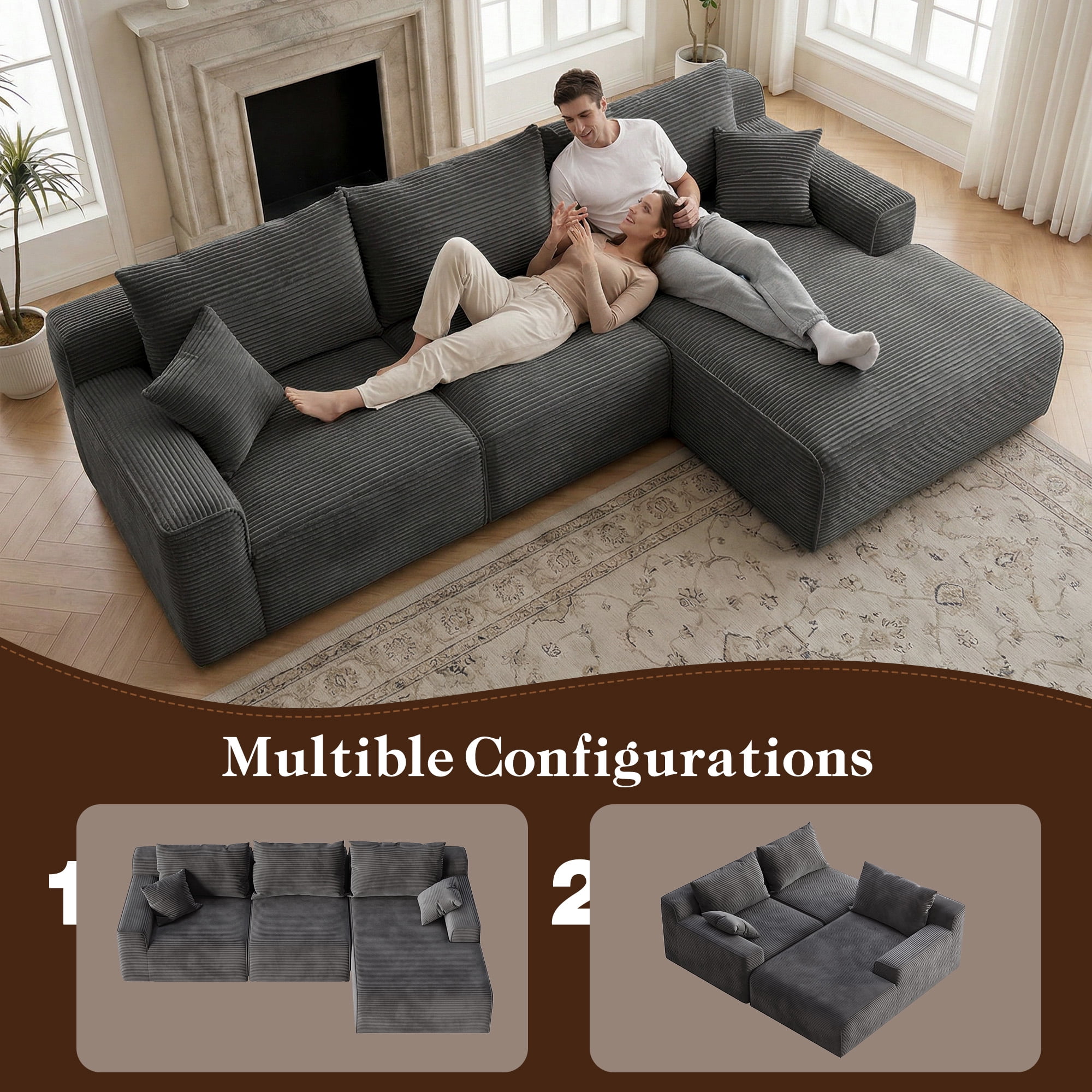 EnHomee Modular L-Shaped Couch for Livingroom Convertible Cloud Sofa  Boneless Sectional  Couch for Home, Grey(Corduroy)