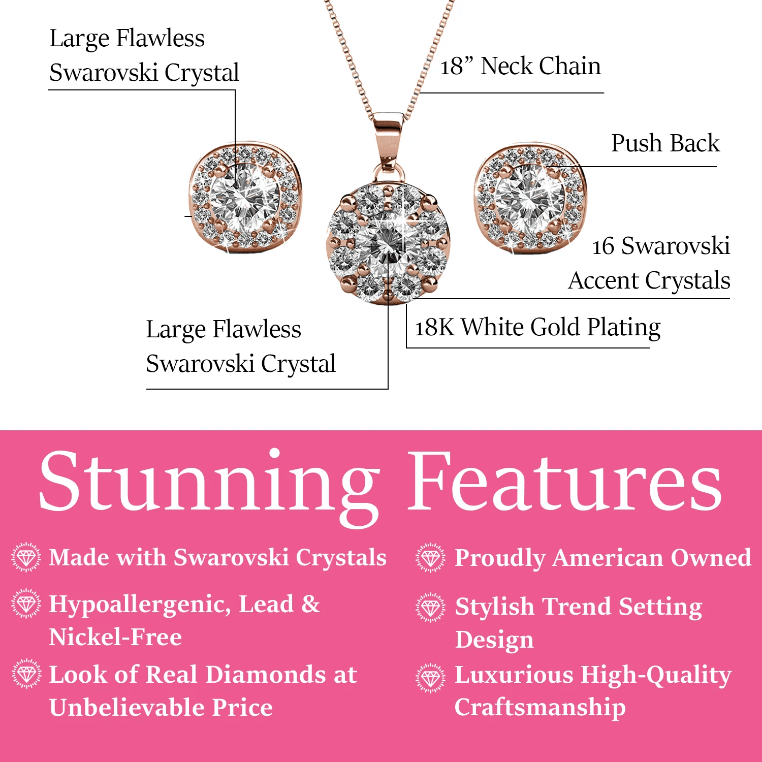Cate & Chloe Ruth 18k Rose Gold Plated Halo Jewelry Set with Swarovski Crystals Gift for Women