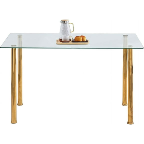 51.2" Glass Dining Table with Gold Legs, Modern Tempered Glass Top Kitchen Table with Metal Legs for Home Kitchen (51.1 * 27.5 * 29.5 inches, Clear-Gold)