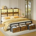 thumbnail image 1 of Pinmoco King Bed Frame with 15.7'' Large Under Bed Storage and 3 Drawers, Metal Platform Bed with High LED Storage Headboard and Charging Station, Height Adjustable, Rustic, 1 of 7