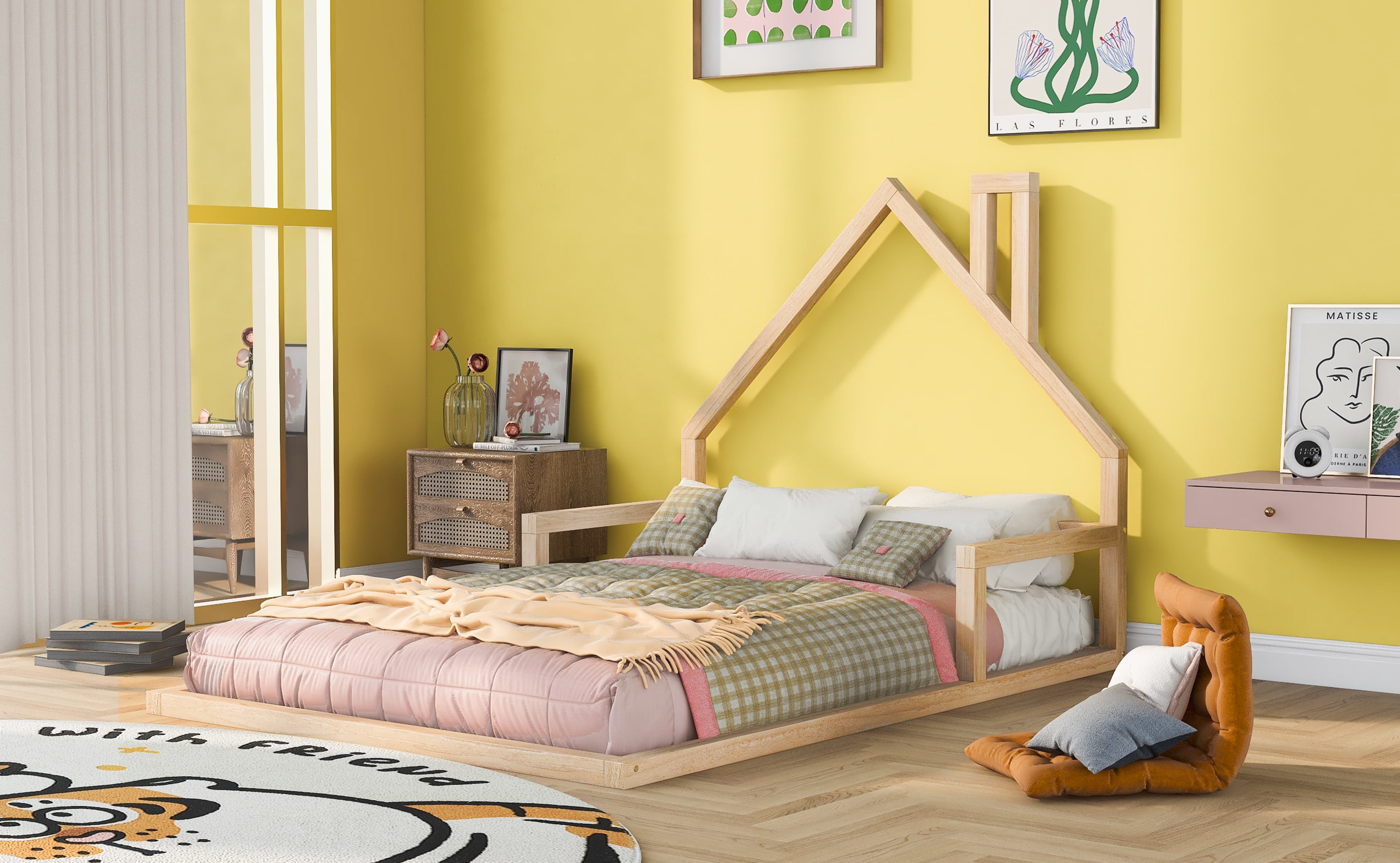 Euroco Full Size Wood Floor Bed for Kids Room, Natural