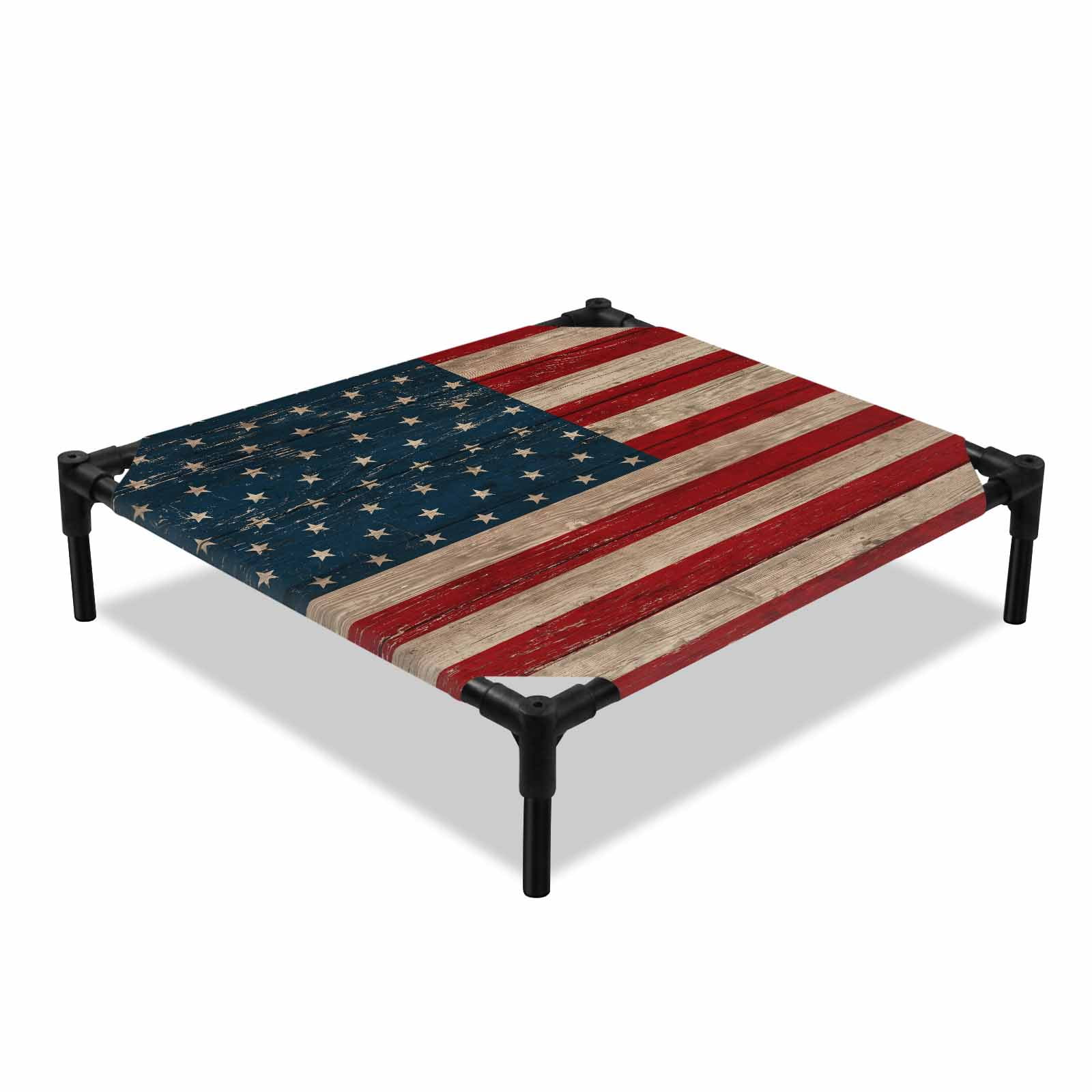 Independence Day Elevated Dog Bed Patriotic Red Blue American Flag Retro Wood Grain Cooling Breathable Outdoor Raised Dog Cot Bed with Metal Frame Non-Slip Feet for Small Dog 20x20in