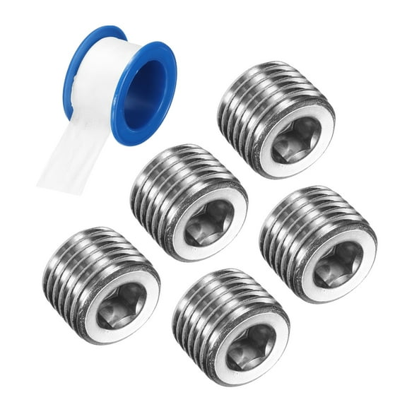5Pack NPT 1/4 304 Stainless Steel Pipe Plug Fitting, Male Thread Internal Hex Socket Pipe Cap, Countersunk Plug for Sealing Pipe Port, Pneumatic Solenoid Valve