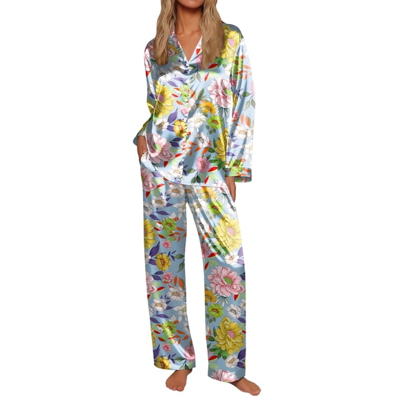 Ekouaer Silk Satin Pajamas for Women Button Down Pjs Set Long Sleeve Loungewear 2 Piece Wide Leg Sleepwear
