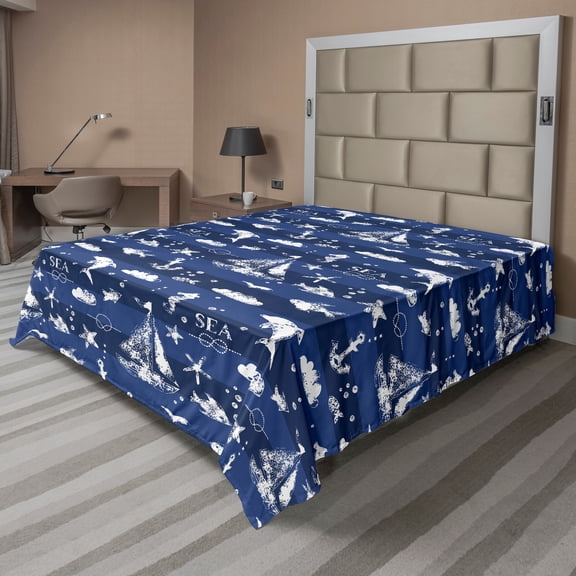 Ambesonne Navy Blue Flat Sheet, Grunge Anchor Ship, California King, Blue White