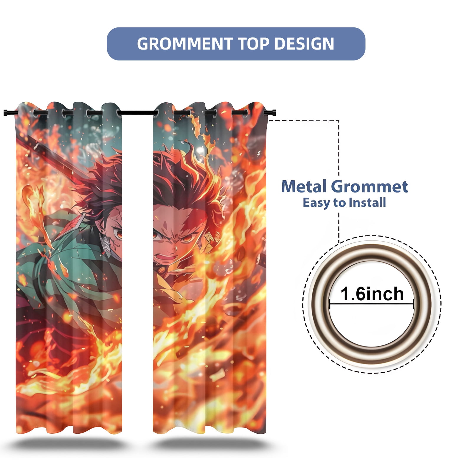 Anime Curtains for Bedroom Drapes Slayer Tanjirou Inosuke Kyoujurou Print Design Window Treatments Curtain Panel Set, 2-Panels, 42" W x 63" L