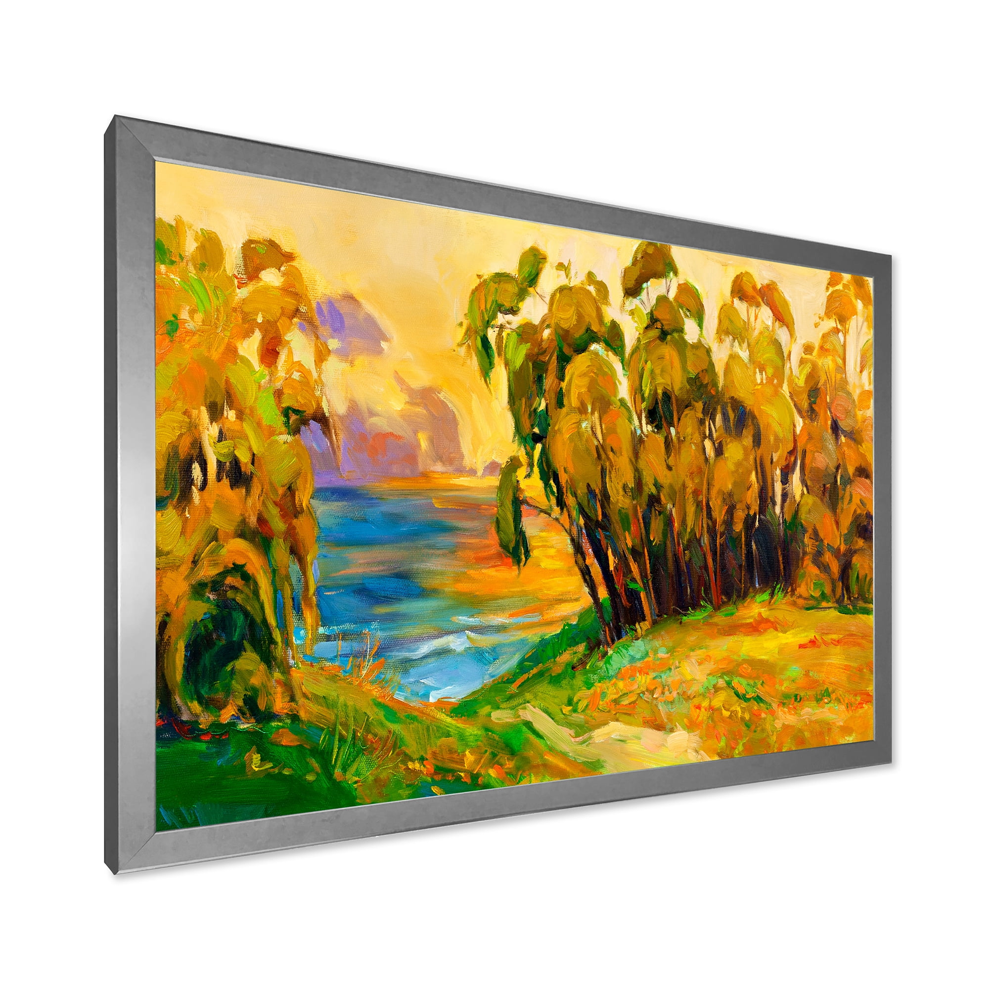 Brown Trees By The Riverside During Evening Glow 32 in x 16 in Framed Painting Canvas Art Print, by Designart
