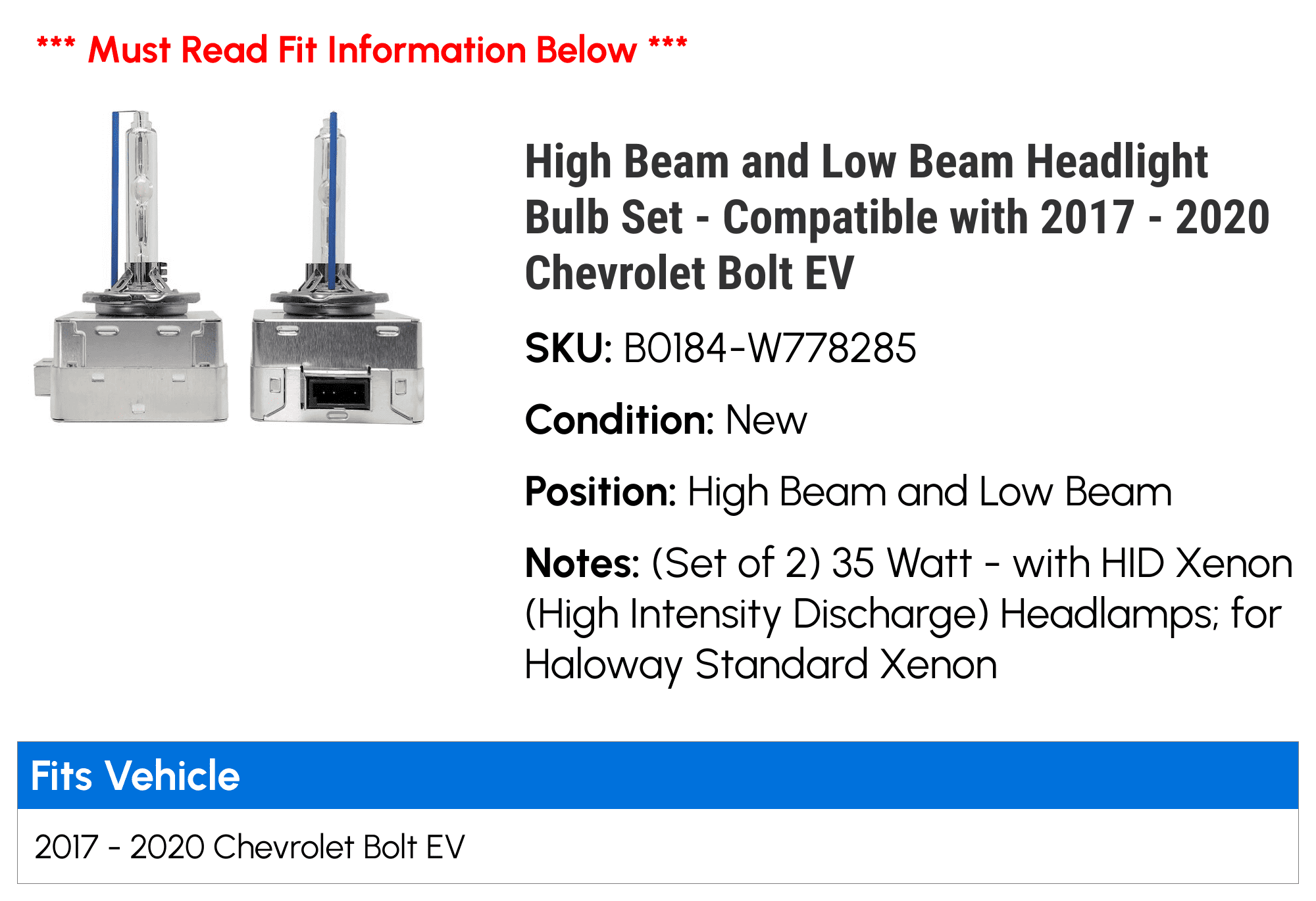 High Beam and Low Beam Headlight Bulb Set - Compatible with 2017 - 2020 Chevy Bolt EV 2018 2019