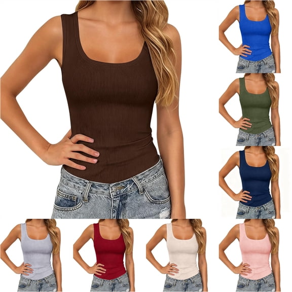 Tanghaowl Tank Tops for Women, Women's Fashionable Casual Ribbed Solid Color Sleeveless Top Brown XL
