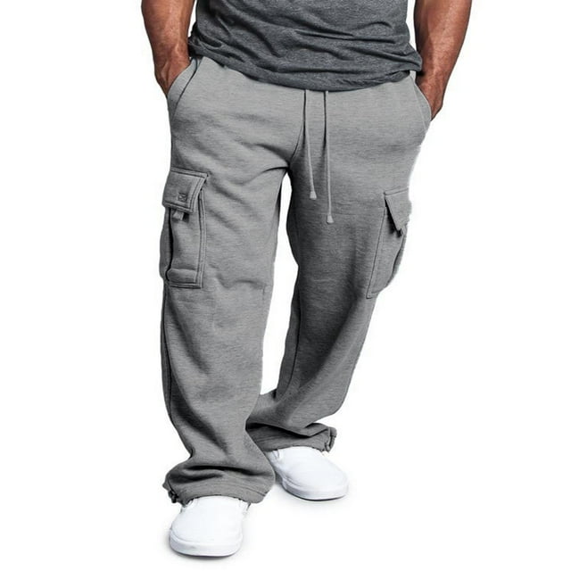 Men Fleece Sweatpants Cargo Trousers Drawstring Athletic Gym Workout Running Pants with Pocket Black XL