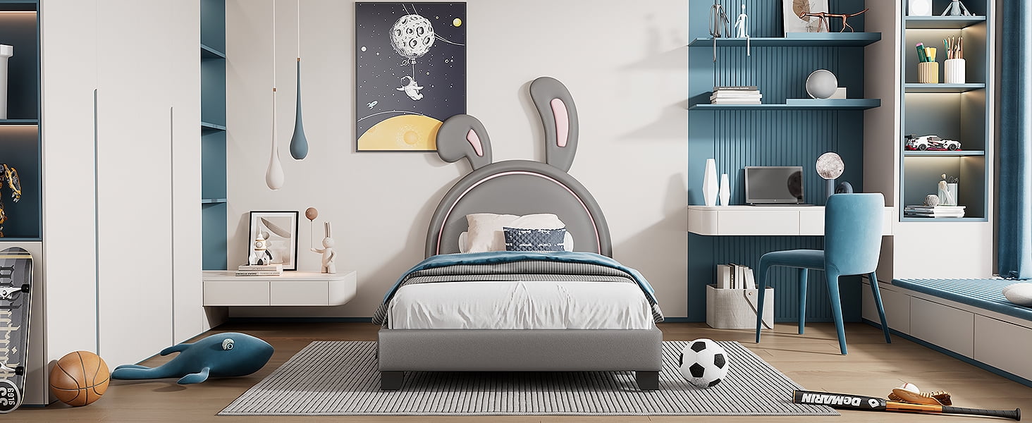 Euroco Upholstered Twin Size Platform Bed, PU Cartoon Bunny Bed for Kids, Gray