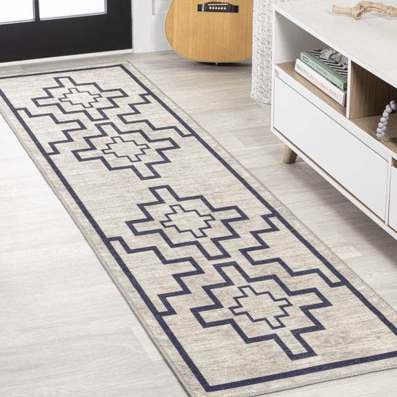 JONATHAN Y WASHABLE 2 x 8 Runner Rug, Ashkii Minimalist Medallion - Ivory/Dark Gray, WSH115A-28