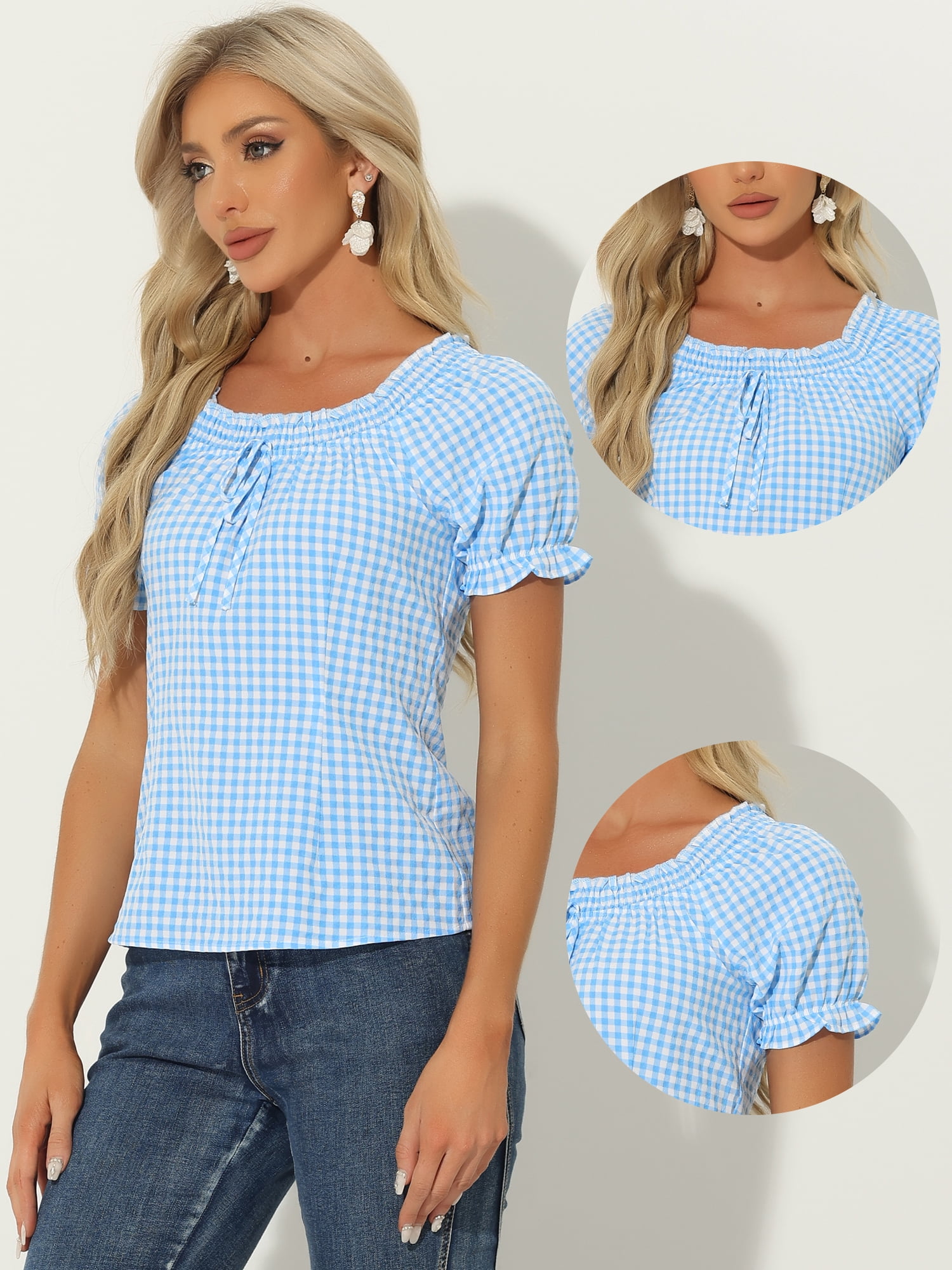 DARING DIVA Woman's Peasant Ruffles Puff Sleeve Gingham Plaid Top L Blue