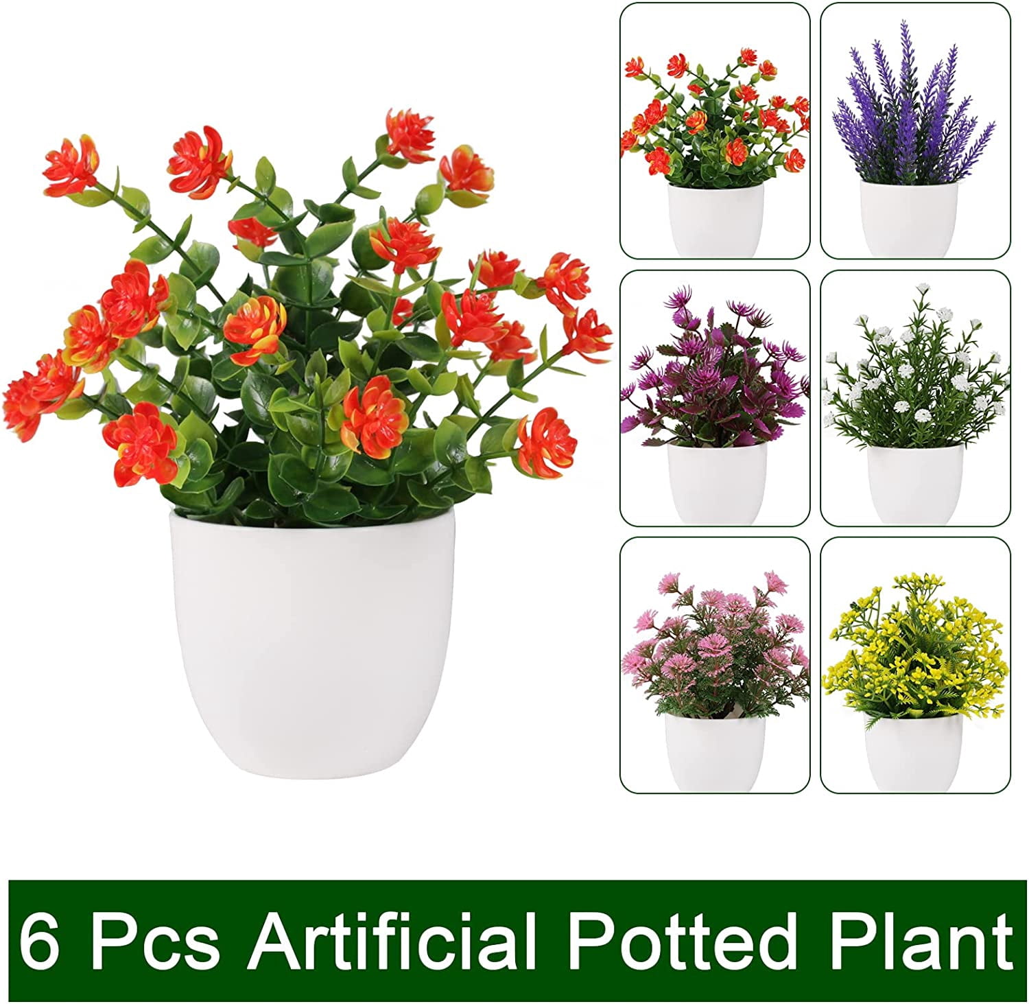 Artificial Small Plant 6pcs Fake Flower Potted Plant Bathroom for Indoor Decor Window Tabletop Office Colorful